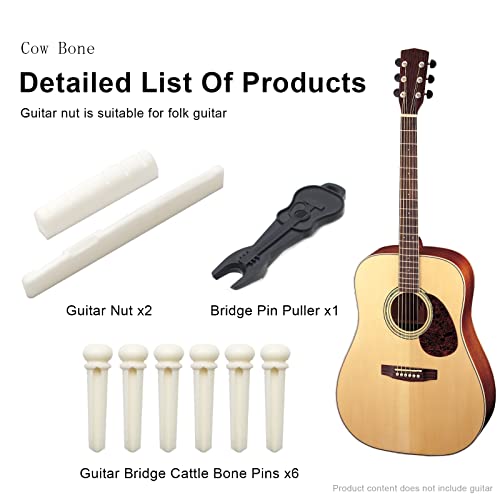 Saphue 6 String Acoustic Guitar Bone Bridge Saddle And Nut And 6Pcs Guitar Bone Bridge Pins Made Of Real Bone，Bridge Pin Puller With Acoustic Guitar #TOP3