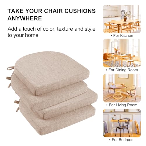 Image of Wellsin Chair Cushions for Dining Chairs 4 Pack - Kitchen Chair Cushions with Ties and Non-Slip Backing - Dining Chair Pads 16 inchX16 inchX2 inch, Oatmeal Beige