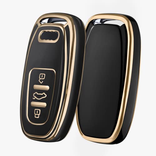 OATSBASF Car Key Cover Compatible with Audi,Suitable for Keyless Operation Keys Audi A4 A5 A6 A7 Q5 Q7 Q8 RS SQ TPU Silicone 3 Buttons Case Box (Black-Golden Edge)