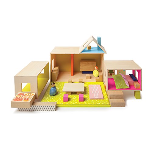 Manhattan Toy MiO Playing Eating Sleeping Working + 2 Bean Bag People Peg Dolls Imaginative Montessori Style Stem Learning Modular Wooden Building Playset for Boys & Girls 3 years + Up