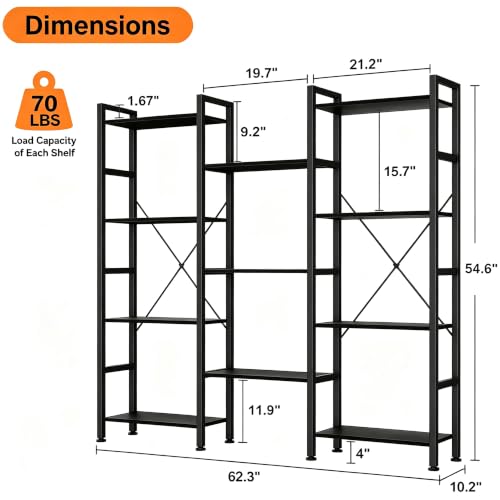 Image of HealSmart Triple Column 4 Tier Bookshelf, Industrial Bookcase with 11 Open Display Adjustable Shelves, Wide Convertible Display Modern Bookshelf for Living Room & Home Office, Black