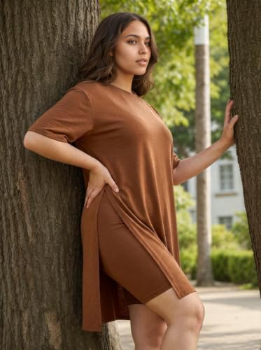 Image of AXOSY Women Plus Size 2 Piece Outfits Short Sleeve Tunic Tops and Skinny Biker Shorts Sets Tracksuits