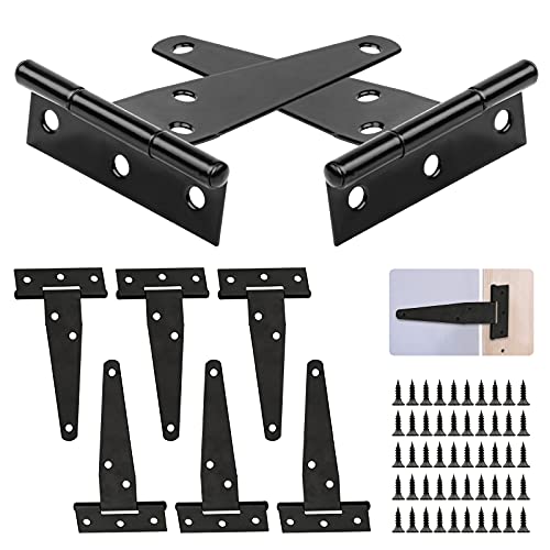 8 bisagras en T, color negro, de alto rendimiento, con 48 tornillos, para puertas de jardín, puertas de granero y cobertizos (10 cm/4 pulgadas) Cover
