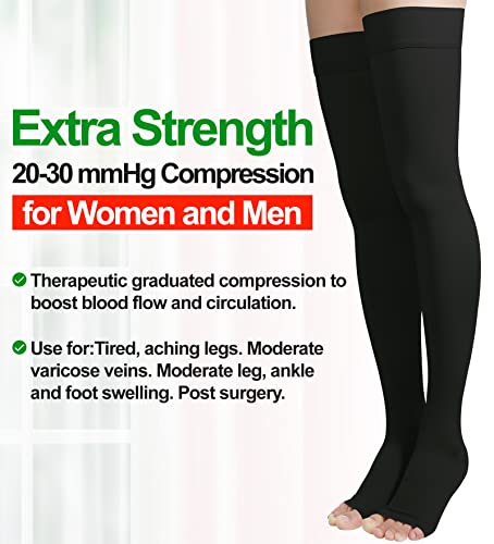 Thigh High Compression Stockings, Open Toe, Pair, Firm Support 20-30Mmhg Gradient Compression Socks With Silicone Band, Unisex, Opaque, Best For Spider & Varicose Veins, Edema, Swelling, Black Xxl #TOP2