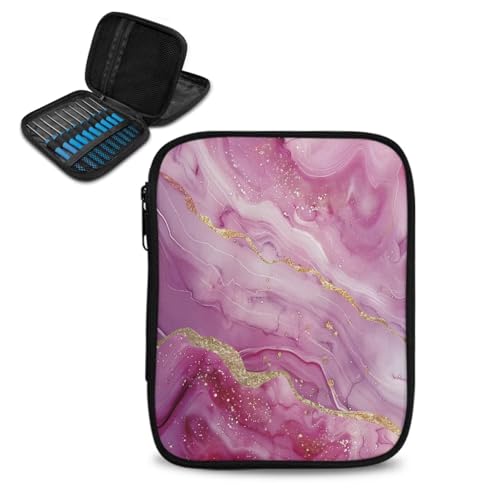 Image of Crochet Hook Case Pink Marble Crochet Hook Holder Portable Crochet Hook Storage Bag with Web Pockets Suitable for Crochet Needles /Knitting Accessories
