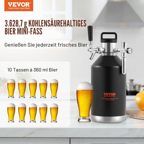 VEVOR Bierzapfanlage Mini Bierfass Bierbraugerät 4 L, Tragbares Druckfass-Set Doppellagige Edelstahlschicht Growler System Einstellbarer Hahn 27 ℃, Fassbier Hausbrauerei Frisch und Kohlensäurehaltig