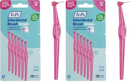 TePe Interdental Brush Angle, Pink, 0.4mm/ISO 0, 6pcs, Interspace Cleaning, Plaque Remover for Teeth with Narrow Gaps, ensures Strong Gums, Carton Pack (Pack of 2)
