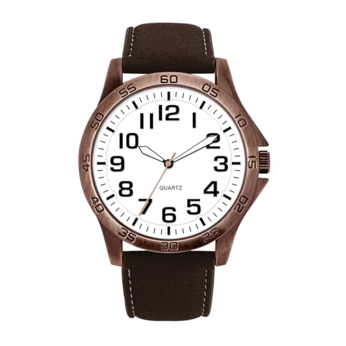 NUOVO Herren Armbanduhr, Analoge Quarzuhren für Herren, Braunes Lederarmband, Kupferfarbenes Gehäuse, Weißes Zifferblatt mit Großen Zahlen,Vintage Mode Dress Watch