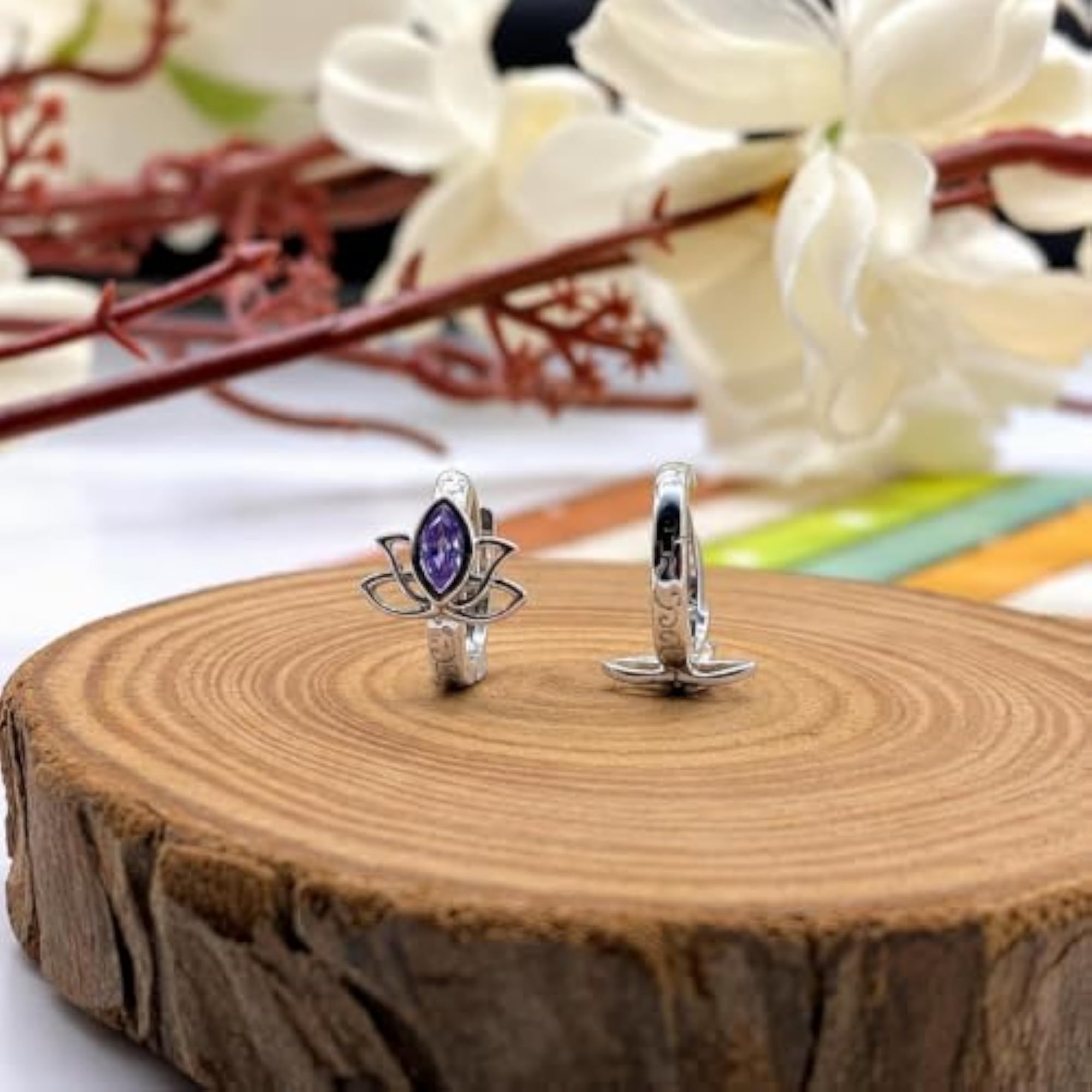 Women's 925 Sterling Silver Lotus Purple CZ Hoop Earrings