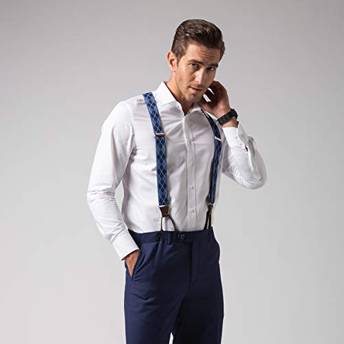 Grade Code Suspenders For Men Leather Button End Suspenders 49 Inch Y-Back Adjustable Elastic Tuxedo Suspenders (Blue Argyle) #TOP2