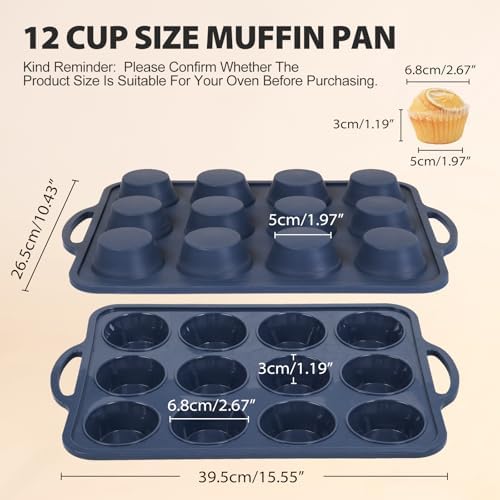 2 Pack Silicone Muffin Pan 12 and 24 Cup with Metal Frame,Non Stick Silicone Mini Cupcake Pan with Handles, BPA Free Silicon Regular Muffin Tin Tray Small for baking, egg bites, Mold Grey - Thumbnail 2