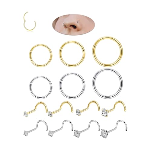 supsiah Juego de aros de nariz dorados de 18 g y aretes de nariz de 20 g para mujeres y hombres, hipoalergénicos, de acero inoxidable quirúrgico 316L, sacacorchos para la nariz, tornillo de nariz de