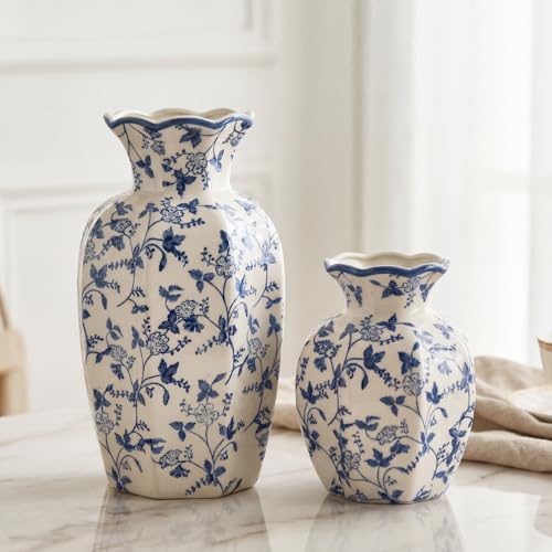 2 Pcs Blue and White Vintage Vase Ceramic Chinoiserie Floral