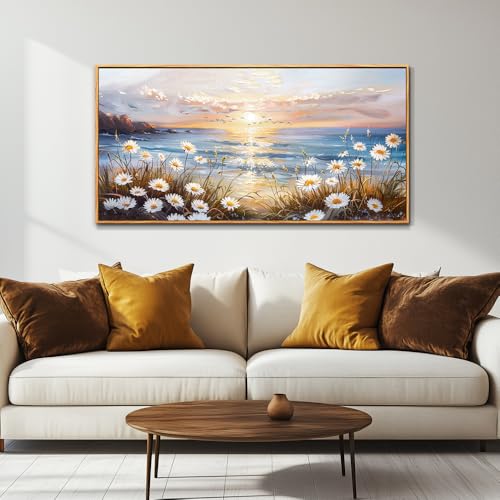 PHAOHUAXM Large Wall Art For Living Room Canvas Wall Decor For Office Bedroom Decorations Blue Ocean Landscape Wall Pictures Artwork Modern Beach Posters Aesthetic Home Decor Wood Framed 24"x48"