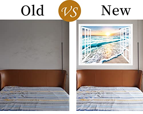 Flfk Fake Window Wall Sticker - Sunset Beach Faux Window Wall Mural For Wall Decor, Stick And Peel Wall Decals,48"X32",Set Of 2 Sheets #TOP5
