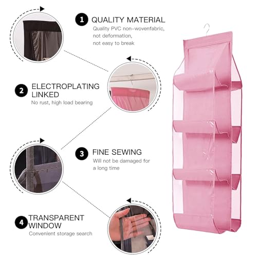 Image of 8 Pocket Hanging Handbag Organizer - Multi-Compartment Purse Storage with Adjustable Hooks - Space-Saving Closet Organizer for Handbags, Purses, Wallets - Durable, Home (Pink)