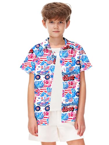 Image of Remimi Unisex Kids 4th of July Button Up Shirt Boys American Flag Print Hawaiian Beach Short Sleeve Tops 5-14 Years