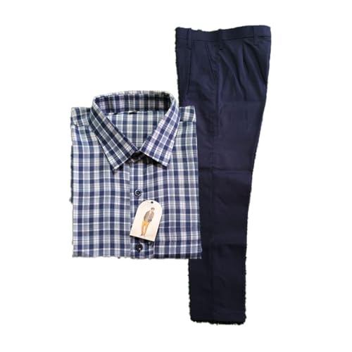 Image of Boys School Uniform Half Sleeve Checked Shirt with Pants Set - Comfortable Cotton Blend School Wear for Kids