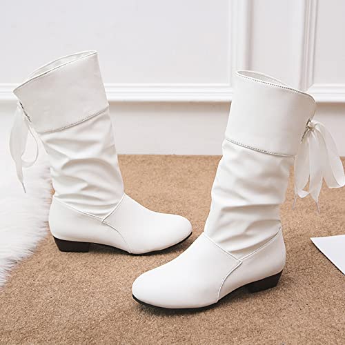 Botas femininas modernas de cor sólida de couro plissado gravata borboleta nas costas salto grosso m