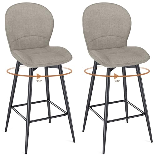 LEWE Juego de 2 Taburetes Altos de Bar, 75 cm Altura del Asiento, Giratorio 360° Sillas Altas de Cocina con Respaldo Acolchado de Tela, Metálica Reposapiés, para Bar, Comedor, Salón-Moca