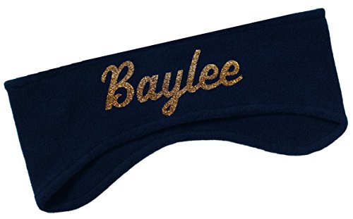 Funny Girl Designs Polar Fleece Ear Warmer Headbands with Custom GLITTER Text for Cold Weather Sports and Casual Wear (NAVY)