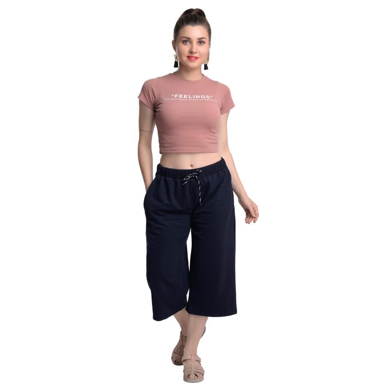 Image of Women's Cotton Plain Capri Pants, Loose Yoga Pants, Nightwear for Women