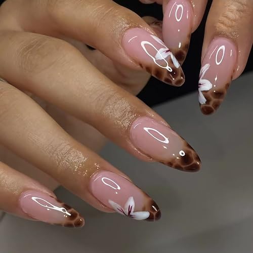 Press on Nails Medium Almond SWEKKE French Tip Fake Nails False Nails with Designs White Flower Leopard Print Cheetah Print Nails Glossy Glue on Nails Stick on Nails for Women Girls 24 Pcs