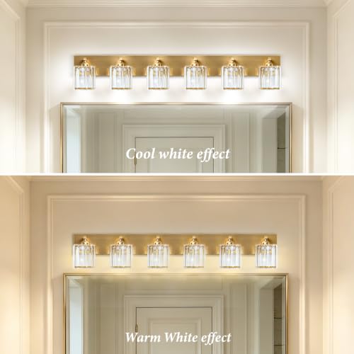 Image of Gold Crystal Bathroom Vanity Light, 6-Light Modern Bathroom Lighting Fixtures Over Mirror,Chrome Wall Sconce Light Fixtures with Square Shade