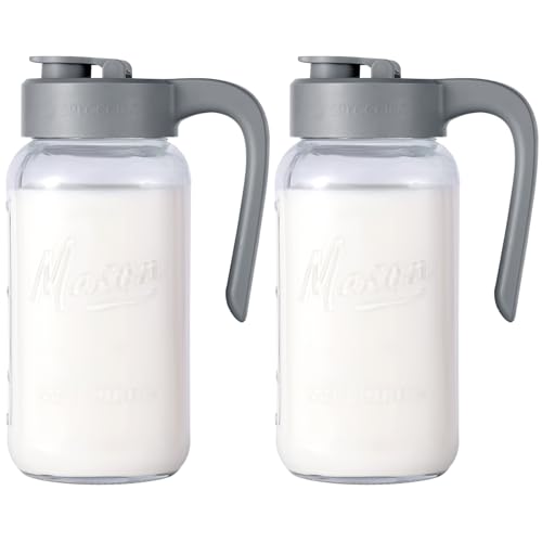 Image of Mason Jar Pitcher - Airtight & Leakproof Glass Pitcher with Lid[set of 2], Perfect for Breastmilk, Cold Brew, and Sun Tea, 2 Quart (64 oz) Mason Jar with Pour Spout Lid