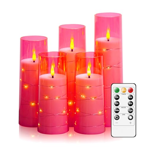 Image of kakoya Flameless LED Candles with Timer 5 Pc Flickering Flameless Candles for Romantic Ambiance and Home Decoration Stable Acrylic Shell,with Embedded Star String,Battery Operated Candles(Pink)