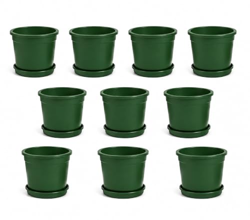 Image of 12 Inch Glossy Forest Green Plastic Planter with Bottom Plate | Heavy Duty Flower Pot with Tray for Indoor Home Decor, Balcony, Living Room & Outdoor Garden (10 Pot, Forest Green)