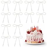DiQiRenQin Pearl Bow Cake Toppers 12 Pack White Faux Pearl Decorations 4.3x3.9 Inches for Wedding Birthday Party Desserts