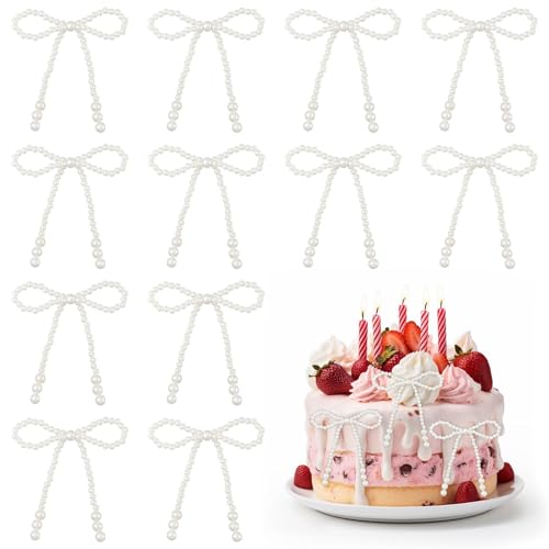 Pearl Bow Cake Toppers 12 Pack Faux Pearl Beaded Bows with Picks Each 4.33 x 3.93 in White Decorative Cupcake and Cake Topper for Wedding Birthday Dessert Table