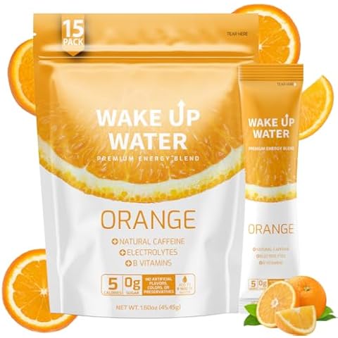 Wake Up Water - Energy + Hydration Sugar Free 15 Packs, Orange Flavor - Energy Drink Powder, Electrolytes Powder Drink, Natural Caffeine Mix Packet, B Vitamins, 5 Calories, Gluten Free - 1.60 oz (45.45g) Cover