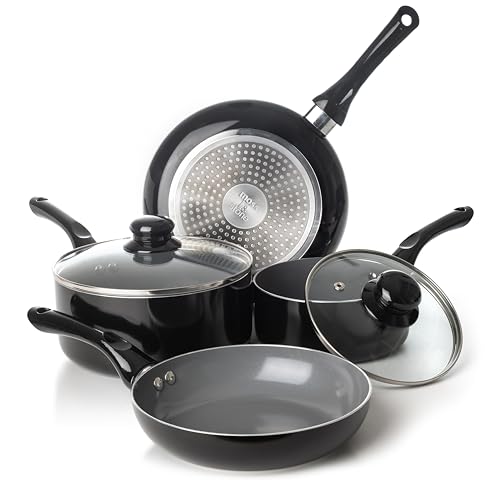 Comparison: Best Black Nonstick Cookware Set 11 Moss & Stone 6 Pcs Black Nonstick Cookware Set, Pots And Pans Set Non stick With Glass Lid, Induction Cookware, Stay-Cool Handle PTFE/PFOA Kitchen Pots 6-Piece with Frying Pans & Saucepan