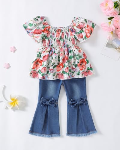 Baby Girl Clothes Toddler Girl Outfits Kids Puff Sleeve Shirt Top Flare Denim Pants Jeans Clothing for Little Girls2
