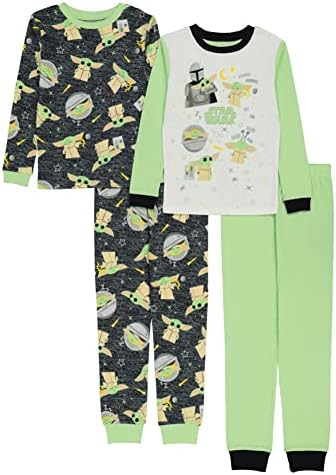 STAR WARS Boys' The Mandalorian 4-Piece Snug-fit Cotton Pajama Set, GROGU IS JEDI, 4 Green