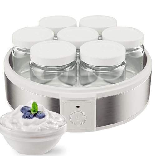 1.26L fabricante de yogurt, máquina de yogurt de 20W con 7 frascos de vidrio de 180 ml indivuales, control de calentamiento constante inteligente, fácil de limpiar, perfecto para yogur orgánico