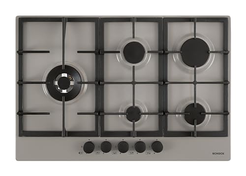 SCHOCK | Table de cuisson 5 feux gaz professionnel PC75 avec poignées noires mates Soft Touch, grilles en fonte, valves de sécurité, gris taupe, 740 x 500 mm