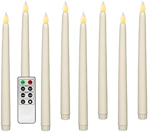 Rhytsing Set of 8 Battery Operated Led Taper Candles with Remote, Ivory Dining Candles Smooth Wax Finish, Warm White LED, Batteries Included