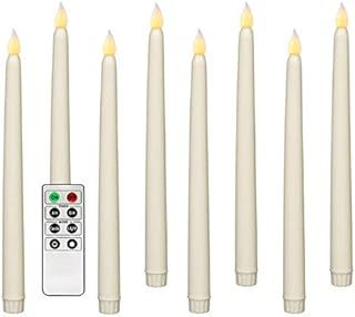Rhytsing Set of 8 Battery Operated Led Taper Candles with Remote, Ivory Dining Candles Smooth Wax Finish, Warm White LED, Batteries Included