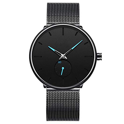 RSVOM Reloj de Pulsera para Hombre de Cuarzo con Correa de Malla de Acero Inoxidable Negro, Minimalista Resistente al Agua analógico Relojes de Pulsera para Hombres con dial secundario