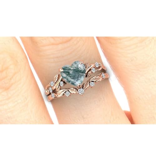 Natural Moss Agate Ring for Women 925 Sterling Silver Green Moss Agate Set Ring for Women Promise Ring Engagement Moss Agate Jewelry for Wedding/Anniversaries/Daily4