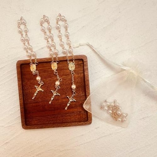 SUVO Mini Rosary Favor Set 60 Pieces with Organza Bags White Pearl Beads Gold Cross for Baptism and Christening (Gold)