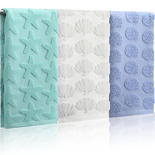 Remagr 3 Pcs Coastal Hand Towels Set for Bathroom 100% Cotton Jacquard Bath Towels 29.5 x 13.8 Inch Seashell Starfish Conch Ocean Sea Beach Soft Kitchen Towel Gift for Home Bathroom Summer Decor