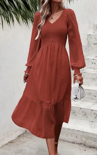 PRETTYGARDEN Women's Fall Dresses 2025 Long Sleeve V Neck Swiss Dot Empire Waist Chiffon Dress Ruffle Smocked Midi Dresses3