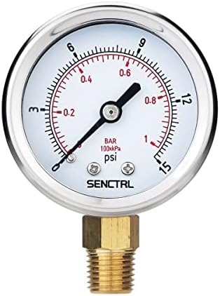 SENCTRL 0-15 Psi Low Pressure Gauge, 1/4 NPT Lower Mount