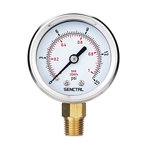 SENCTRL 0-15 Psi Low Pressure Gauge 2 Dial Size 1/4 Npt Lower Mount Waterproof Stainless Steel Case for Water Air ATV Tire Gas Pressure Test