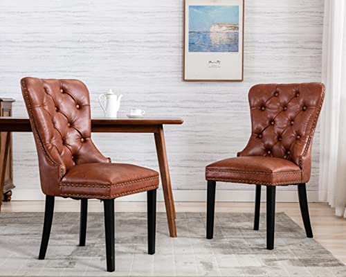 Cimota Pu Leather Dining Chairs Set Of 4, Upholstered Modern Tufted Dining Room Chairs Bronze Nailhead Trim Armless Side Chair With Solid Wood For Kitchen/Dining Room/Bedroom (Brown, Ring On The Back) #TOP4
