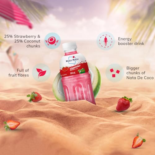 Image of Mogu Mogu Strawberry Juice Drink with Nata de Coco Jelly 320ml (Pack of 12)| Refreshing Tropical Thai-Made Sip & Chew Beverage.